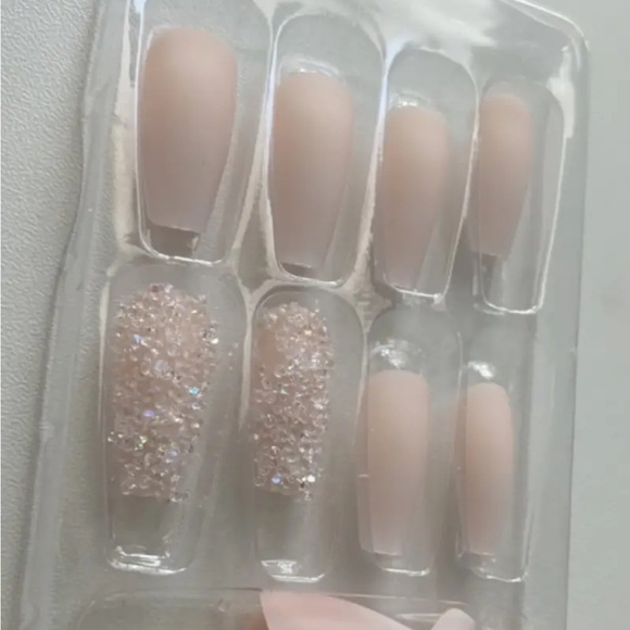 Baby Boomer Pink Gradient Press on Fake Nails Medium Coffin Bling Rhinestone - Picture 2 of 8